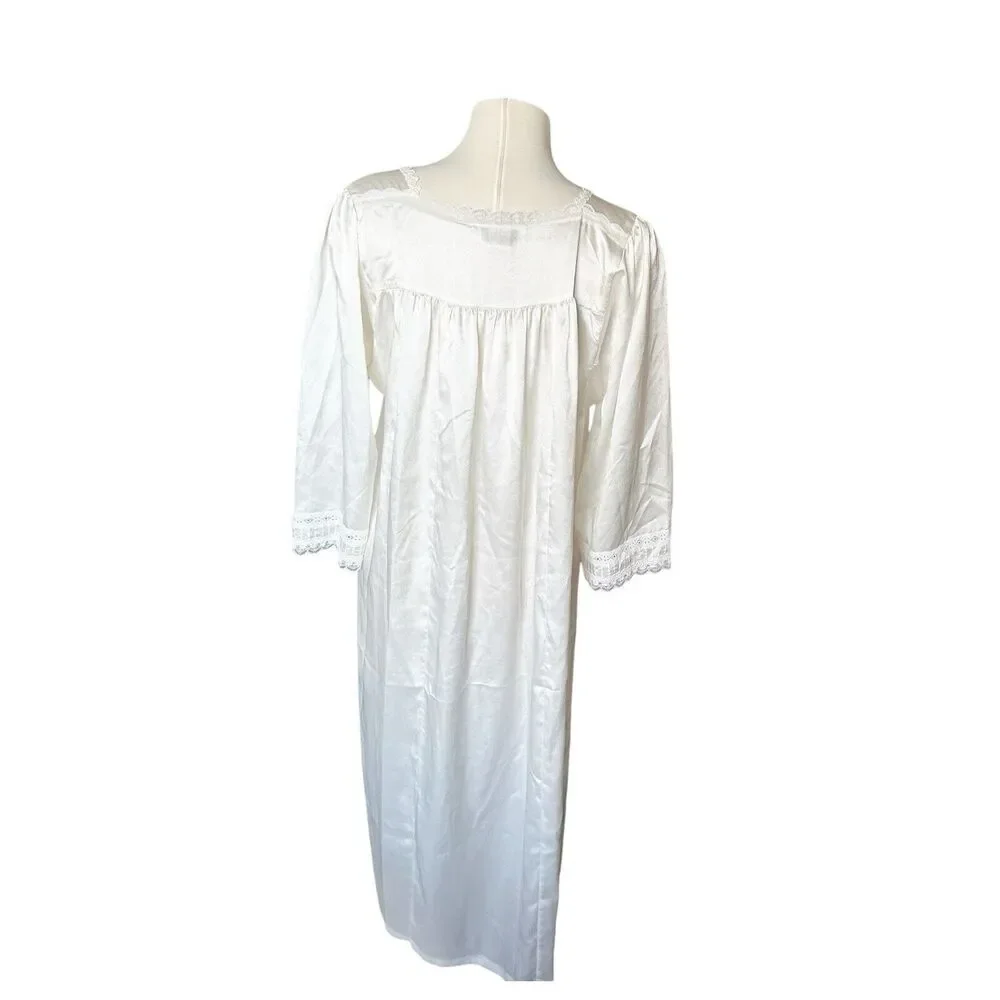 B26 Christian Dior Nightgown Satin Full Length Lace Trim White Small - Picture 5 of 6